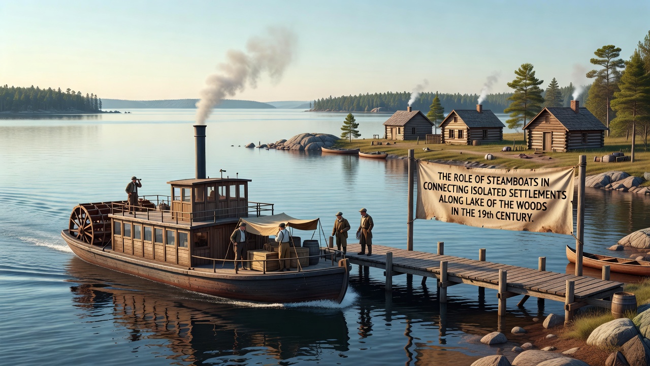 Steamboat docked at a wooden pier along Lake of the Woods shoreline in the late 1800s