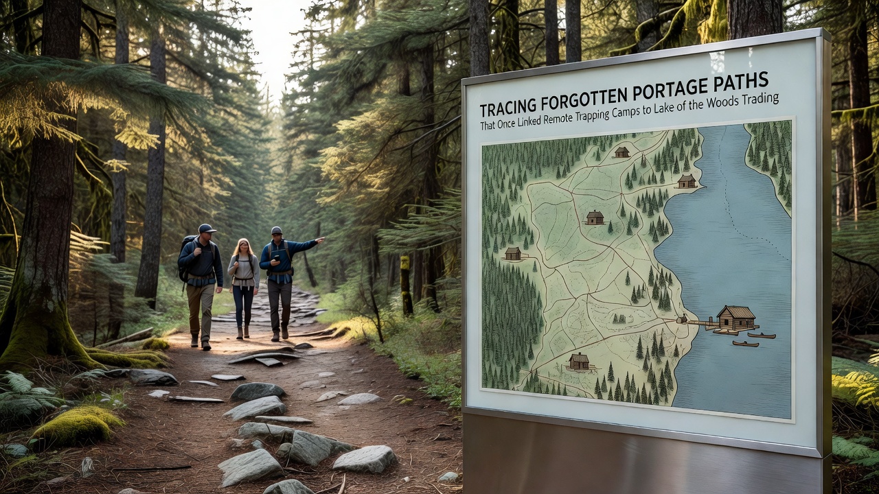 Archaeologists examining artifacts along a historic portage path, with tools and survey equipment visible in a forested clearing near Lake of the Woods